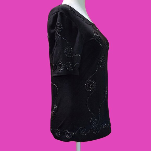 OBJECTS D'ART Black Short Sleeve Glittery Thread Accent Blouse Top Size Small - Picture 3 of 7